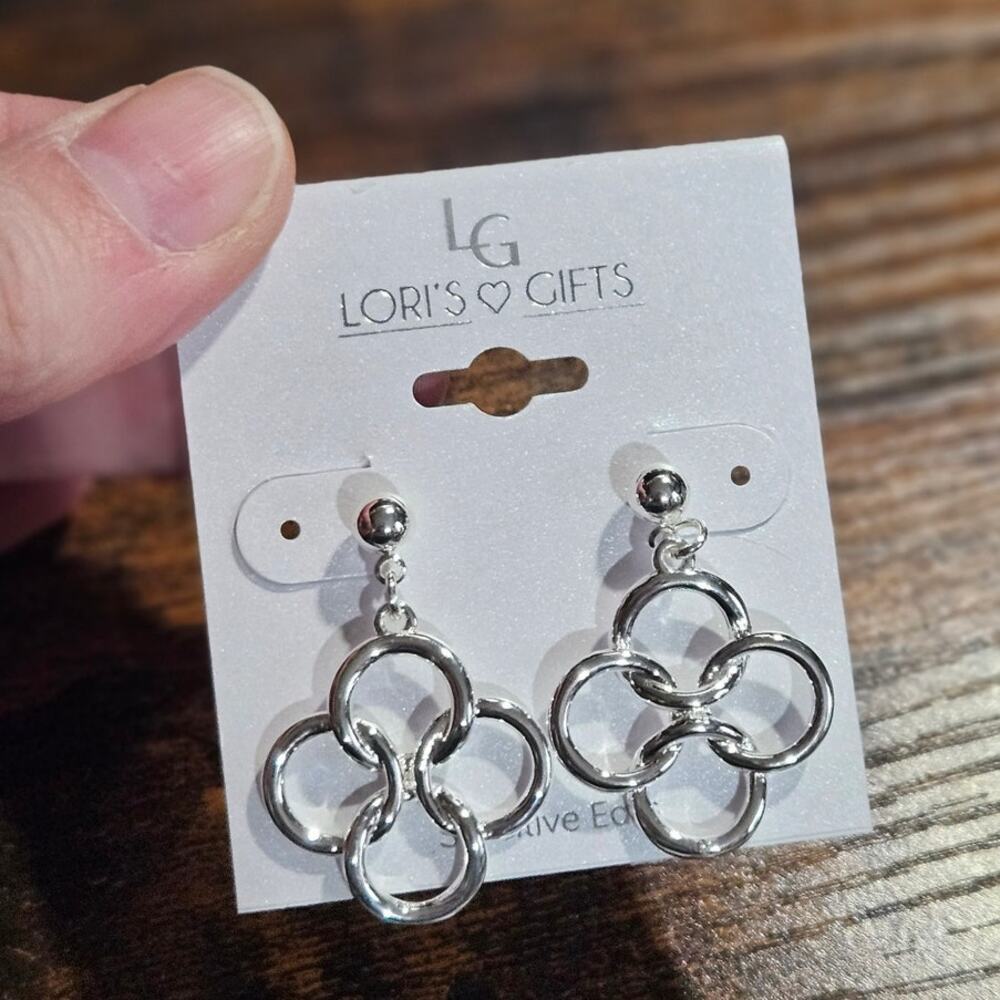 Lori's Gifts Silver Tone Geometric Circle Drop Earrings Sensitive Ears NWT